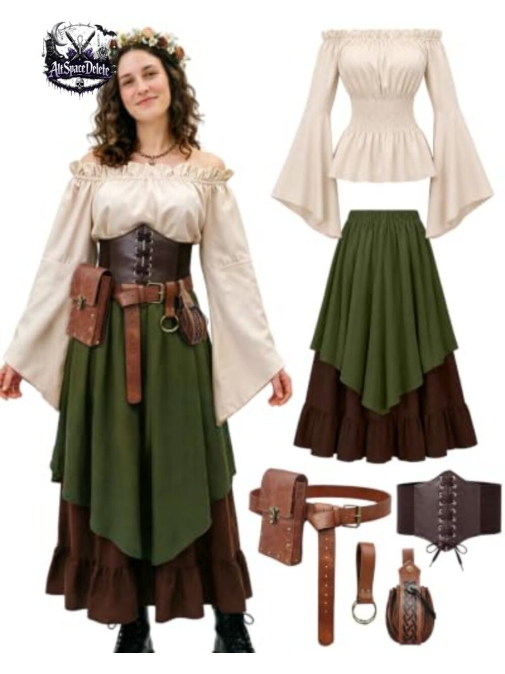 Minkasic Renaissance Costume 7PC Medieval Ren Faire Outfit Corset Belt Pouch